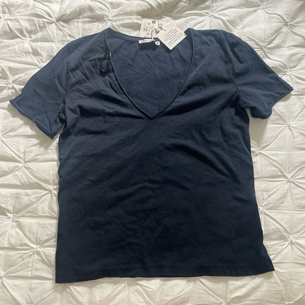 Zara Dark Blue V-Neck Short Sleeve Tee